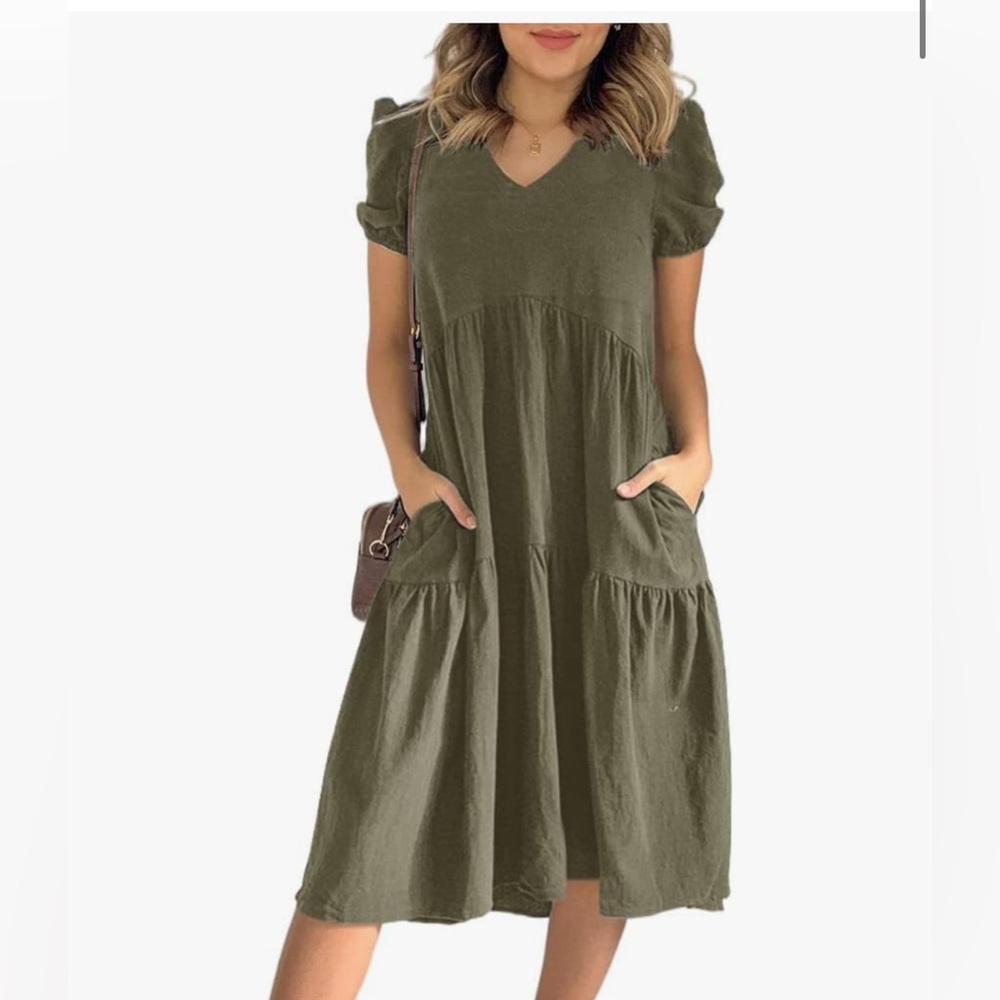 V-Neck Short Sleeve High Waist Midi Dress with Pockets – Army Green (XXL)